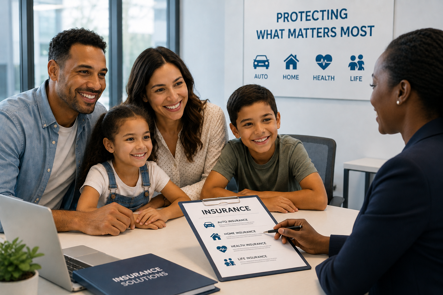 Mixed-race family reviewing insurance options with a professional advisor
