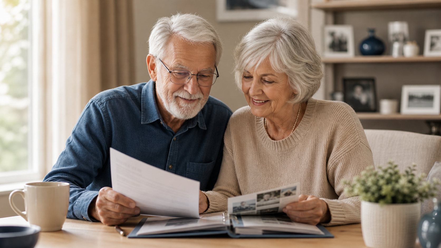 Older couple reviewing life insurance and family planning documents at home
